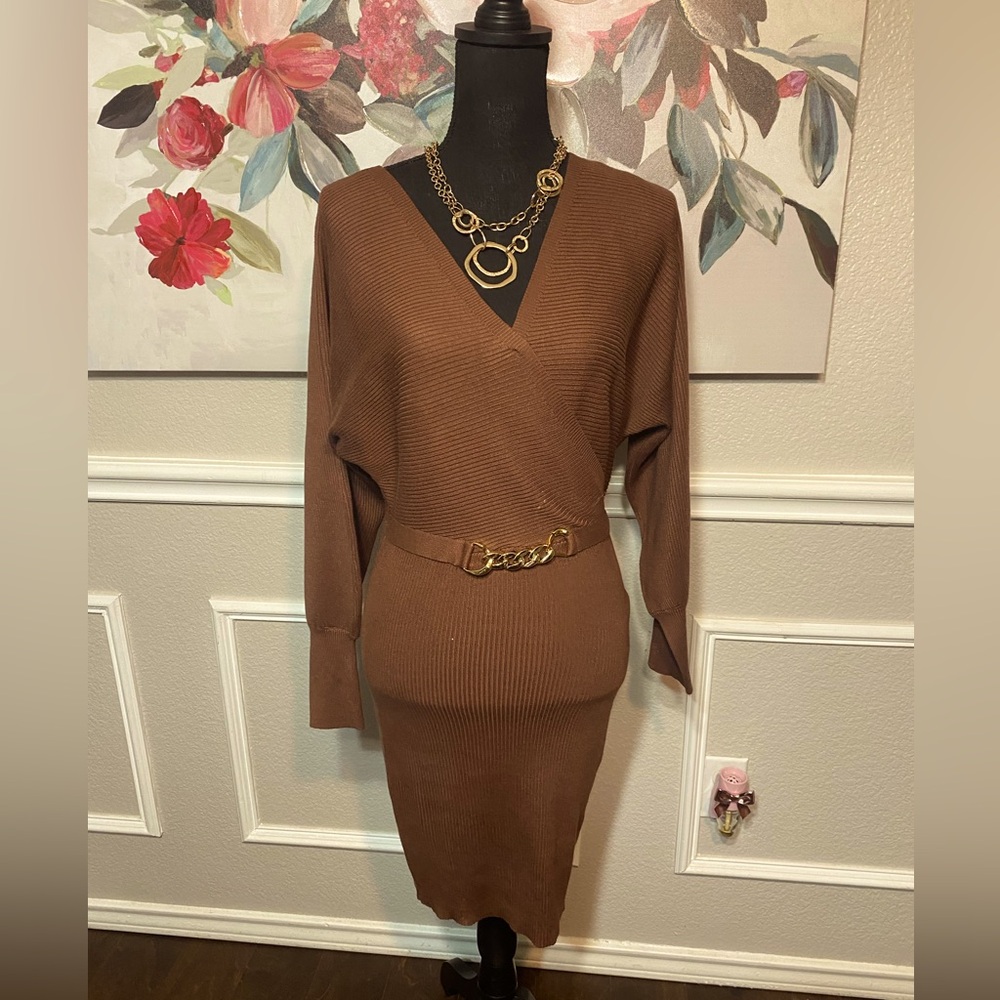 Brown Ribbed Sweater Dress